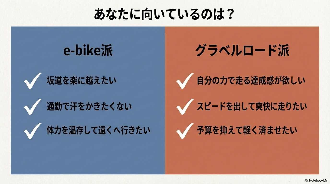走行ルートや汗の許容度に基づいたe-bikeとグラベルロードの最終比較まとめ
