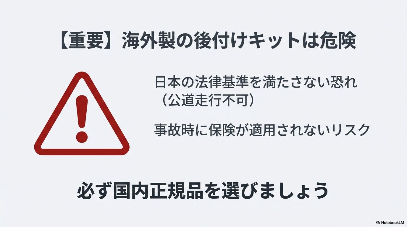 日本の法律基準を満たさない海外製電動化キットの危険性と、事故時の保険適用リスクに関する警告