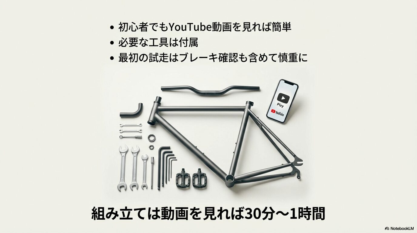 YouTube動画を見れば30分〜1時間で組み立て可能なことや、必要な工具が付属していることを示すスライド。
