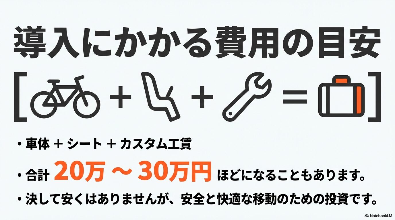 車体、シート、工賃を含めて合計20万〜30万円ほどになるという導入コストの目安を示したイメージ画像。
