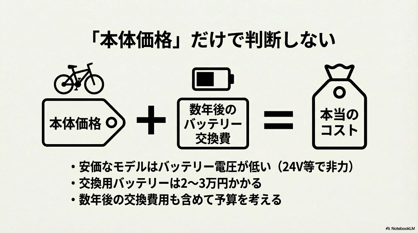 安価なe-bikeのバッテリー電圧の低さや、数年後に発生する2〜3万円の交換費用を含めたトータルコストの考え方を示すグラフ。