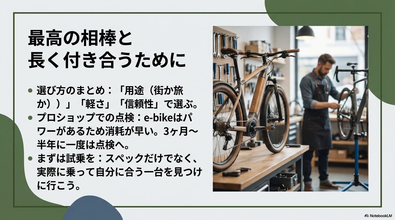 用途・軽さ・信頼性での選び方のポイント、メンテナンスの重要性、まずは試乗を推奨するまとめのスライド
