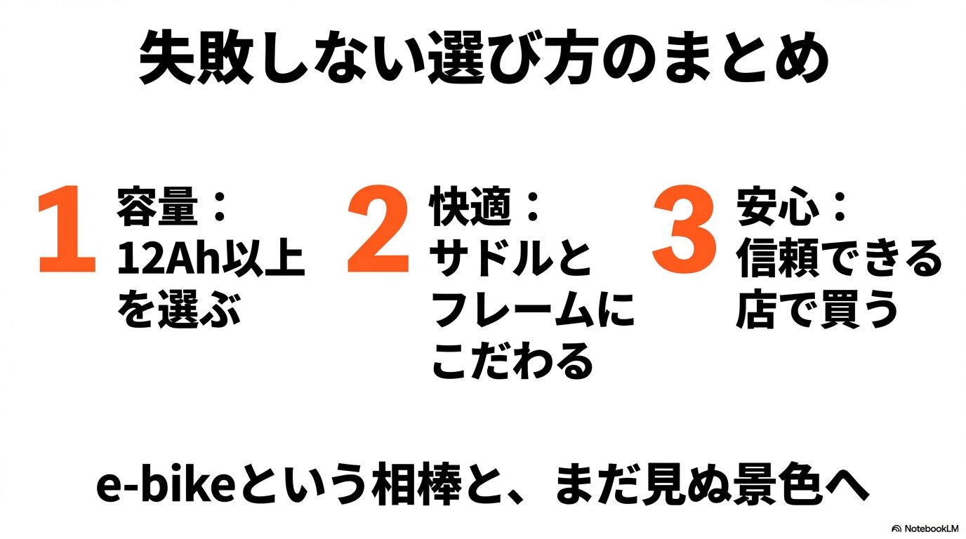 12Ah以上の容量選び、サドルとフレームへのこだわり、信頼できる店での購入という、失敗しないe-bike選びの要点をまとめた最終スライド。