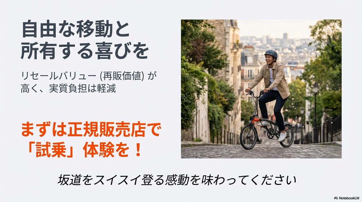 坂道をスイスイ登るブロンプトン e-bikeの走行イメージと、正規販売店での試乗を促すメッセージ