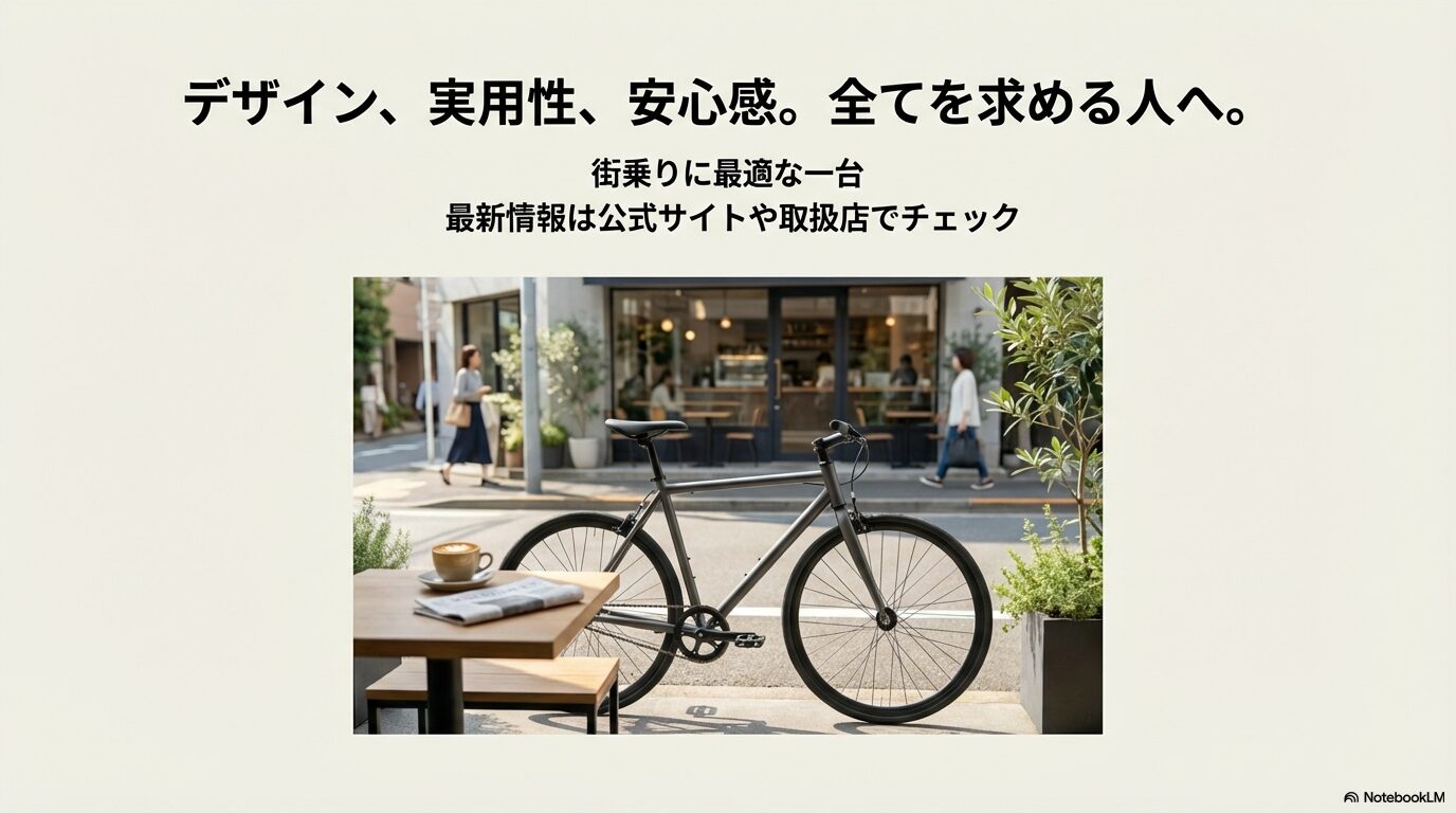 街乗りに最適な一台として、デザイン、実用性、安心感の全てを求める人へのメッセージをまとめた結論スライド。