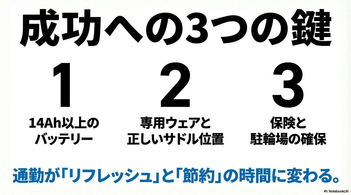 大容量バッテリー、専用ウェアと正しいサドル位置、保険と駐輪場の確保という、20km通勤をリフレッシュ時間に変えるための3つの重要事項