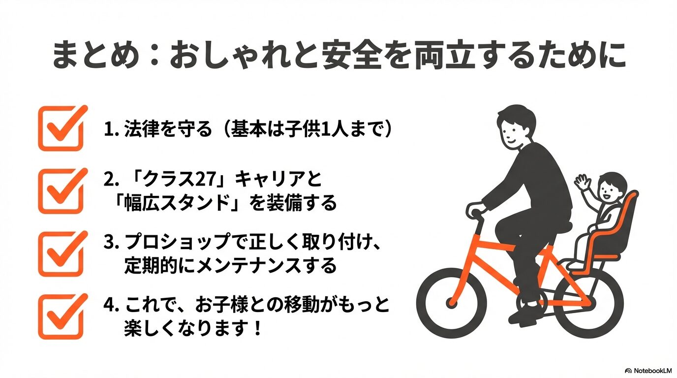 法律の遵守、適切なパーツ選び、定期点検の重要性をまとめた、記事の要約スライド。