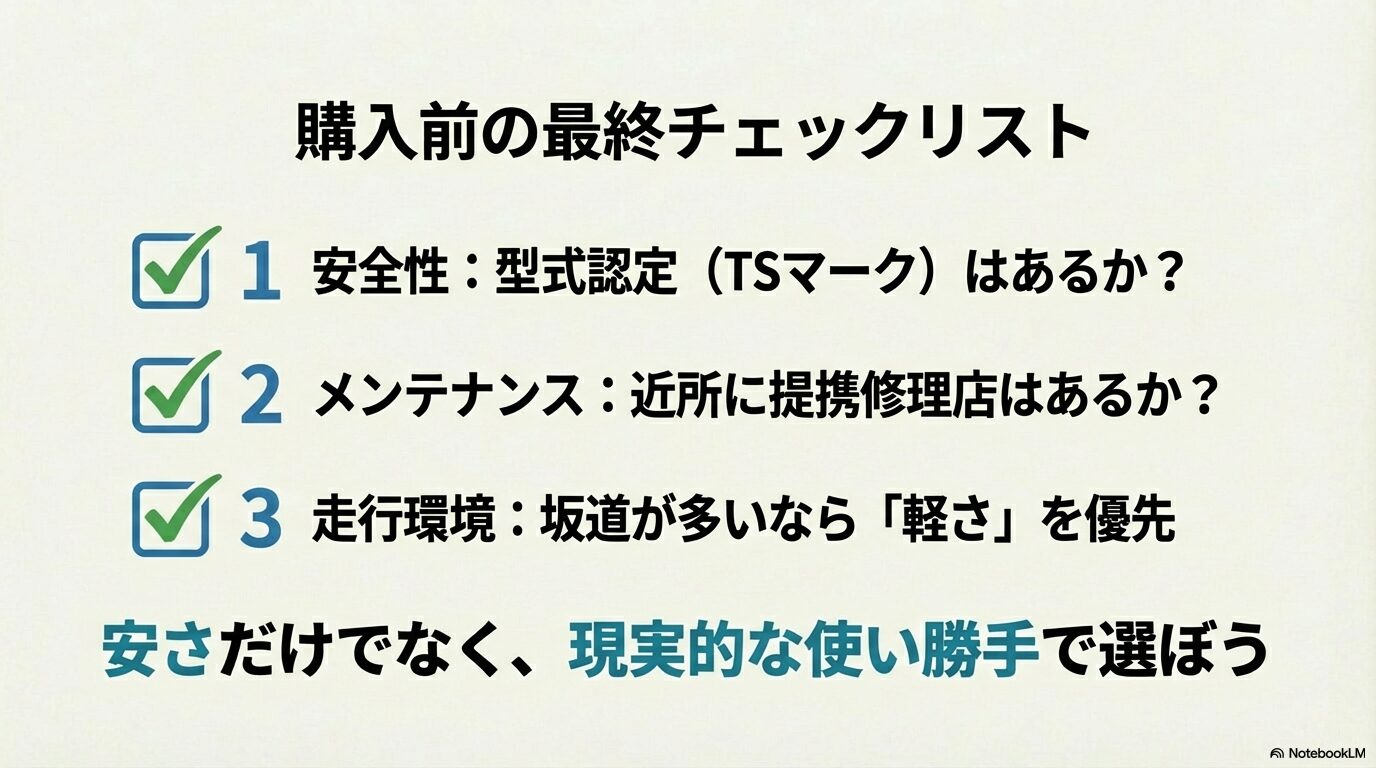 安全性、メンテナンス、走行環境の3つの視点から、安さだけで選ばないための確認事項をまとめたチェックリスト。