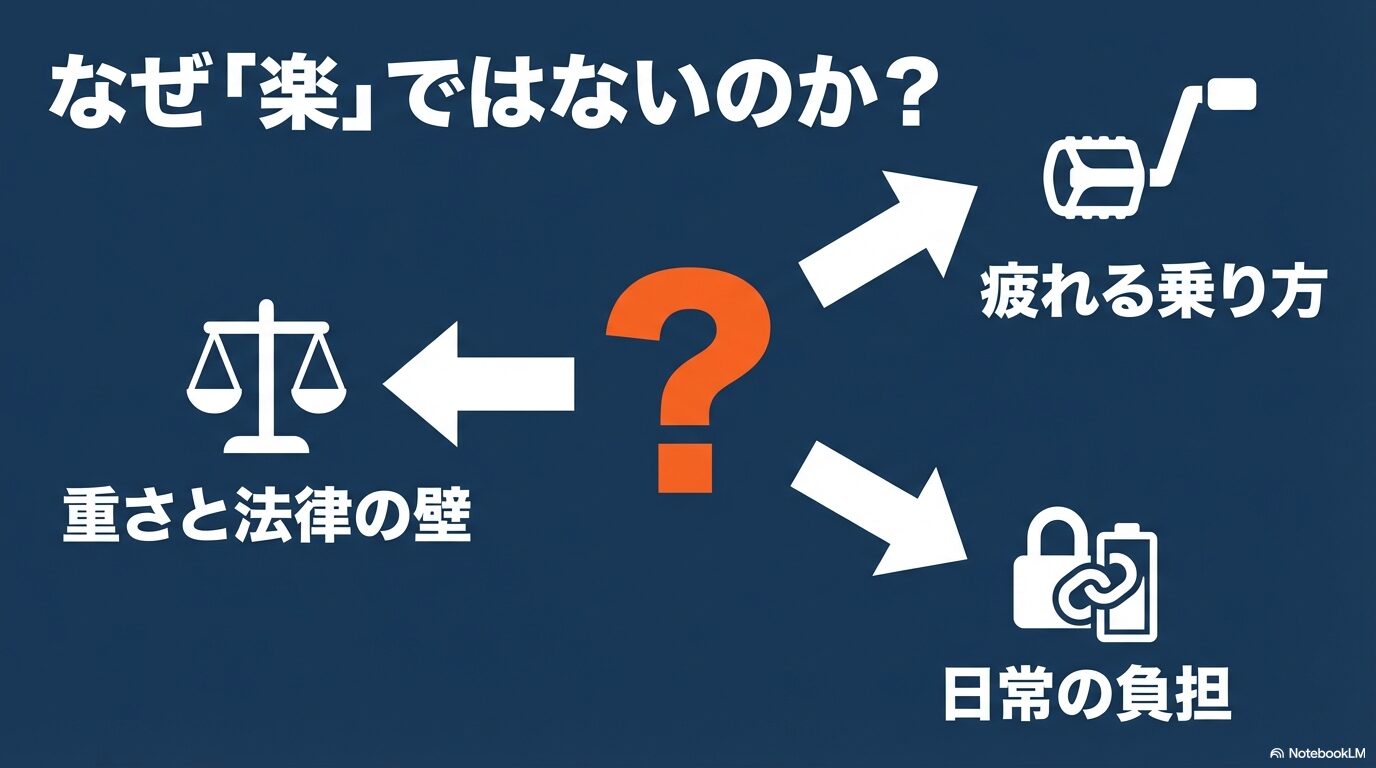 疲れる乗り方、重さと法律の壁、日常の負担という、電動自転車が楽ではない3つの理由を示した図解