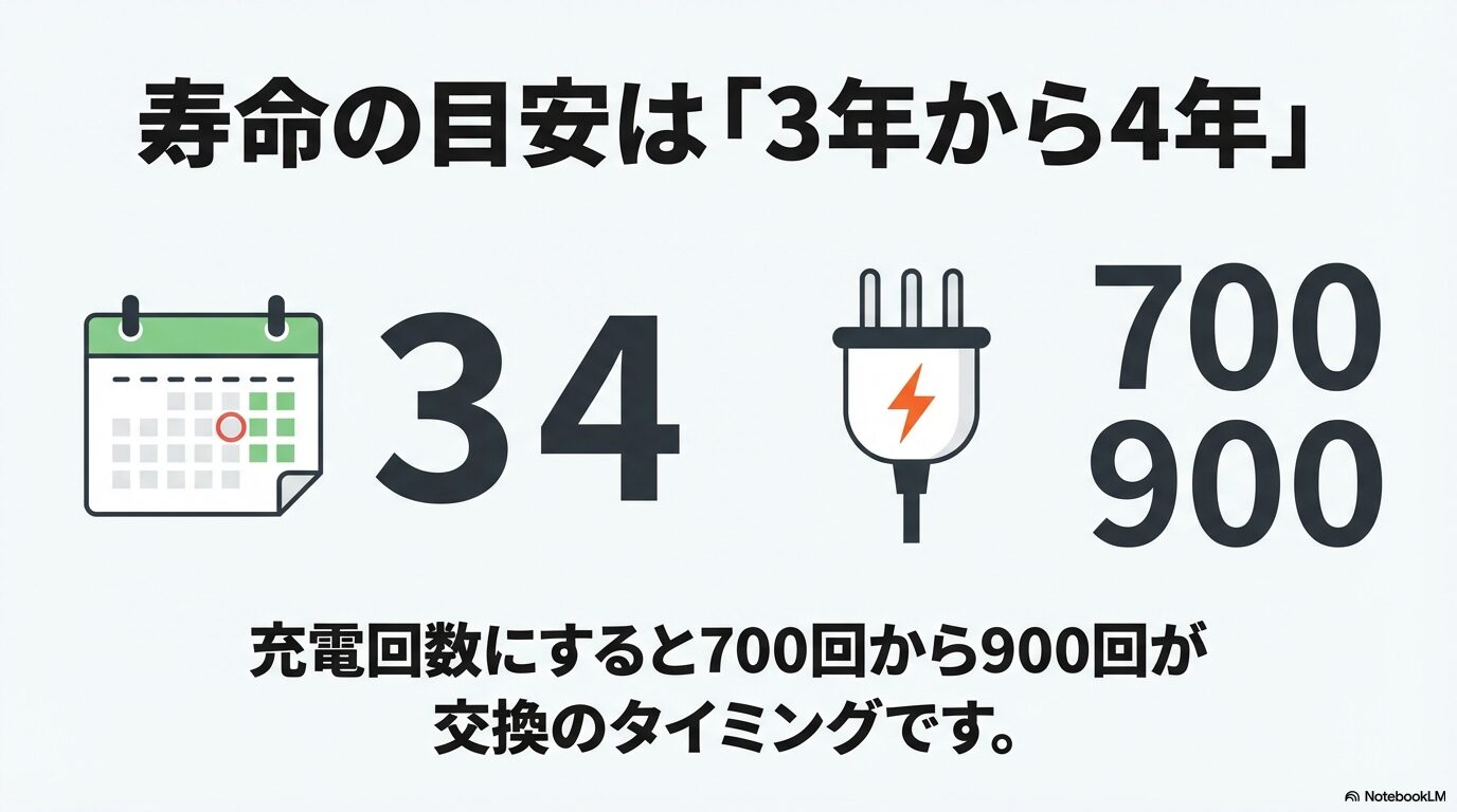 電動自転車のバッテリー寿命の目安は3年から4年、充電回数にして700回から900回が交換タイミングであることを示す図解