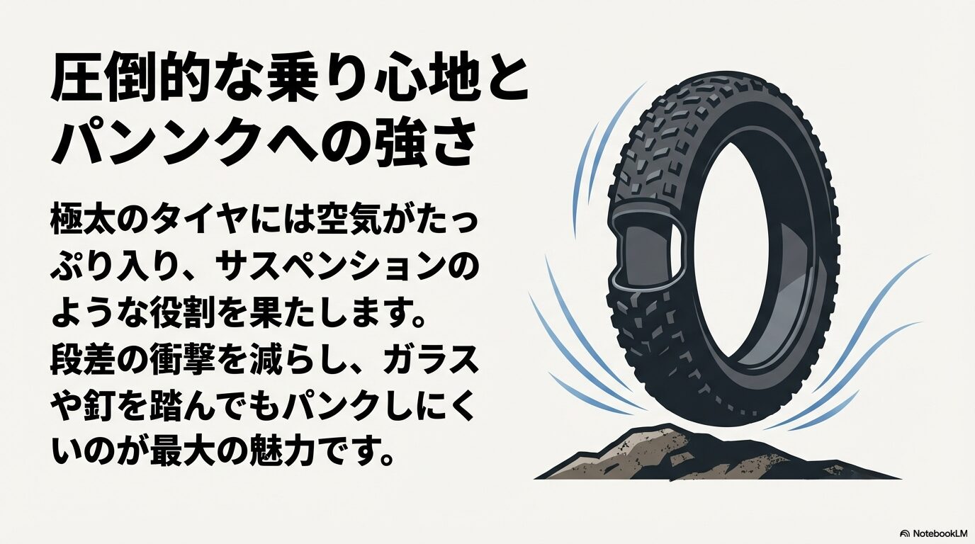 圧倒的な乗り心地とパンクへの強さ。極太のタイヤには空気がたっぷり入り、サスペンションのような役割を果たし、段差の衝撃を減らします。