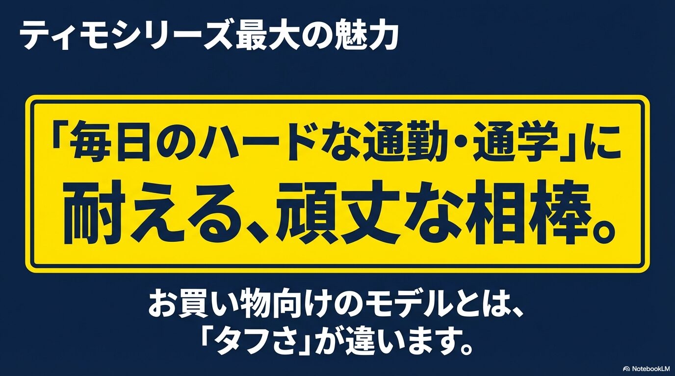 ティモシリーズ最大の魅力である頑丈さを解説。お買い物向けモデルとは違うタフさを強調。