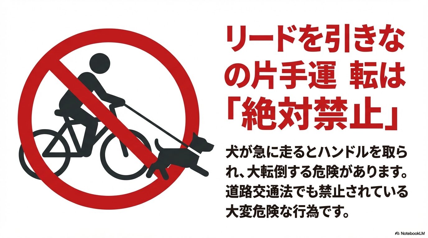 リードを引きながらの片手運転を「絶対禁止」と警告するスライド。道路交通法違反と大転倒の危険性についての説明。