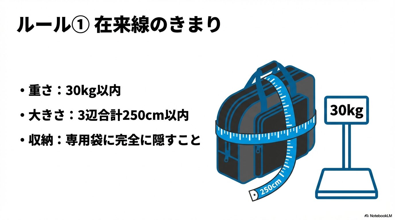 JR在来線の輪行ルールである重さ30kg以内、3辺合計250cm以内、専用袋への完全収納を説明する図解スライド