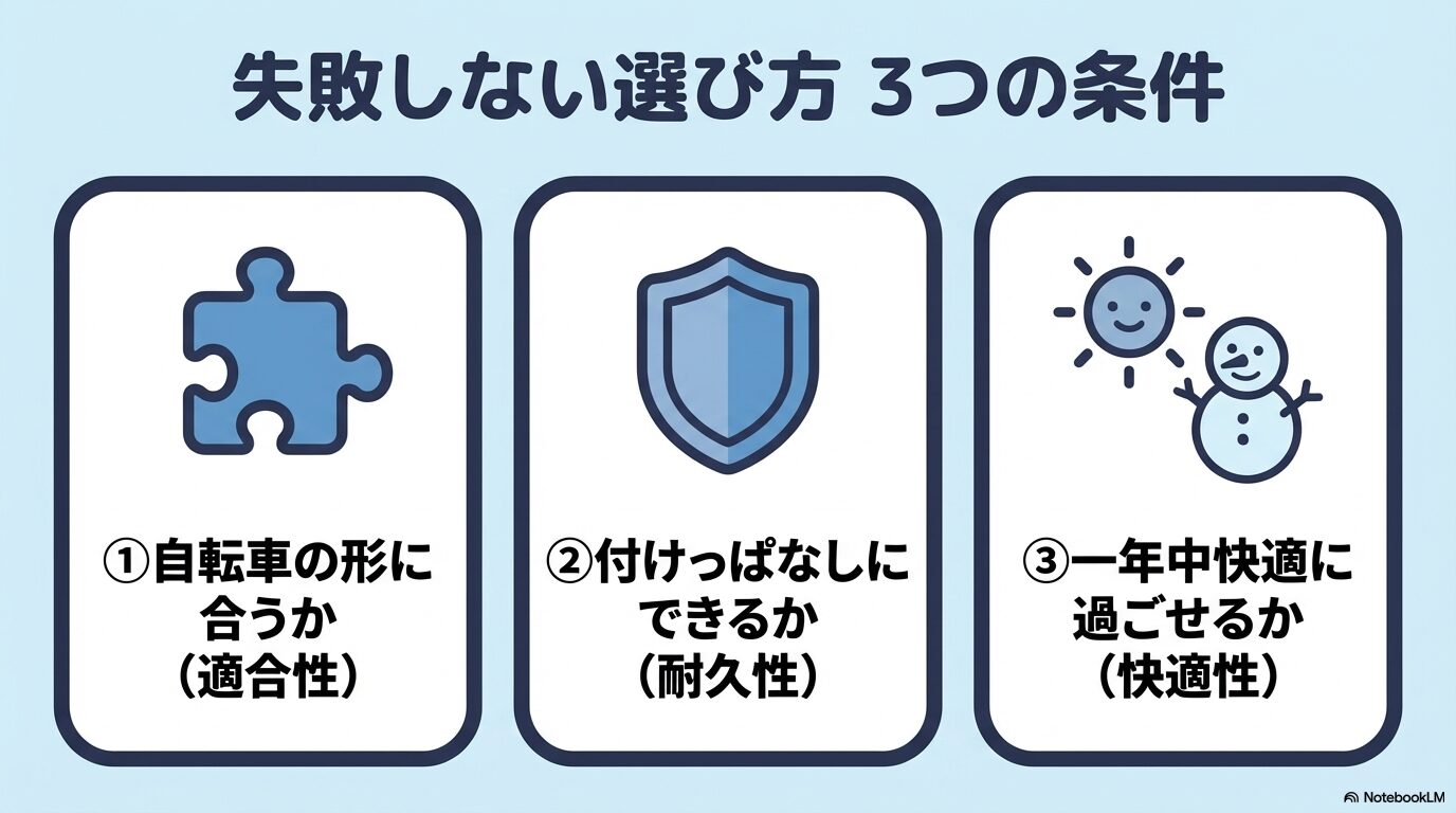 レインカバー選びで失敗しないための適合性、耐久性、快適性の3つの条件の図解