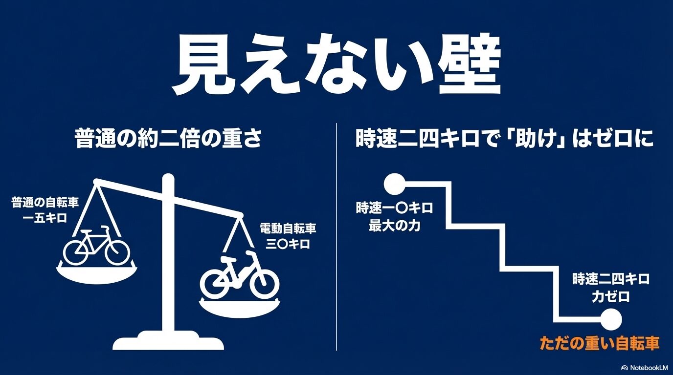 普通の自転車(15kg)と電動自転車(30kg)の重さの比較と、時速24キロでアシストがゼロになる法律の壁を解説した図解
