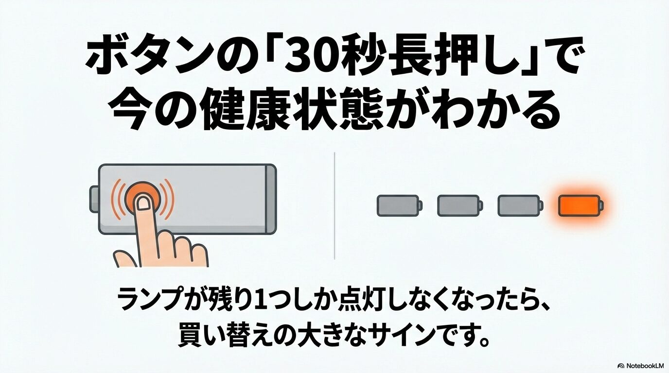 バッテリーのボタンを30秒長押しして健康状態を確認する方法と、ランプ1つ点灯が買い替えサインであることを説明するスライド