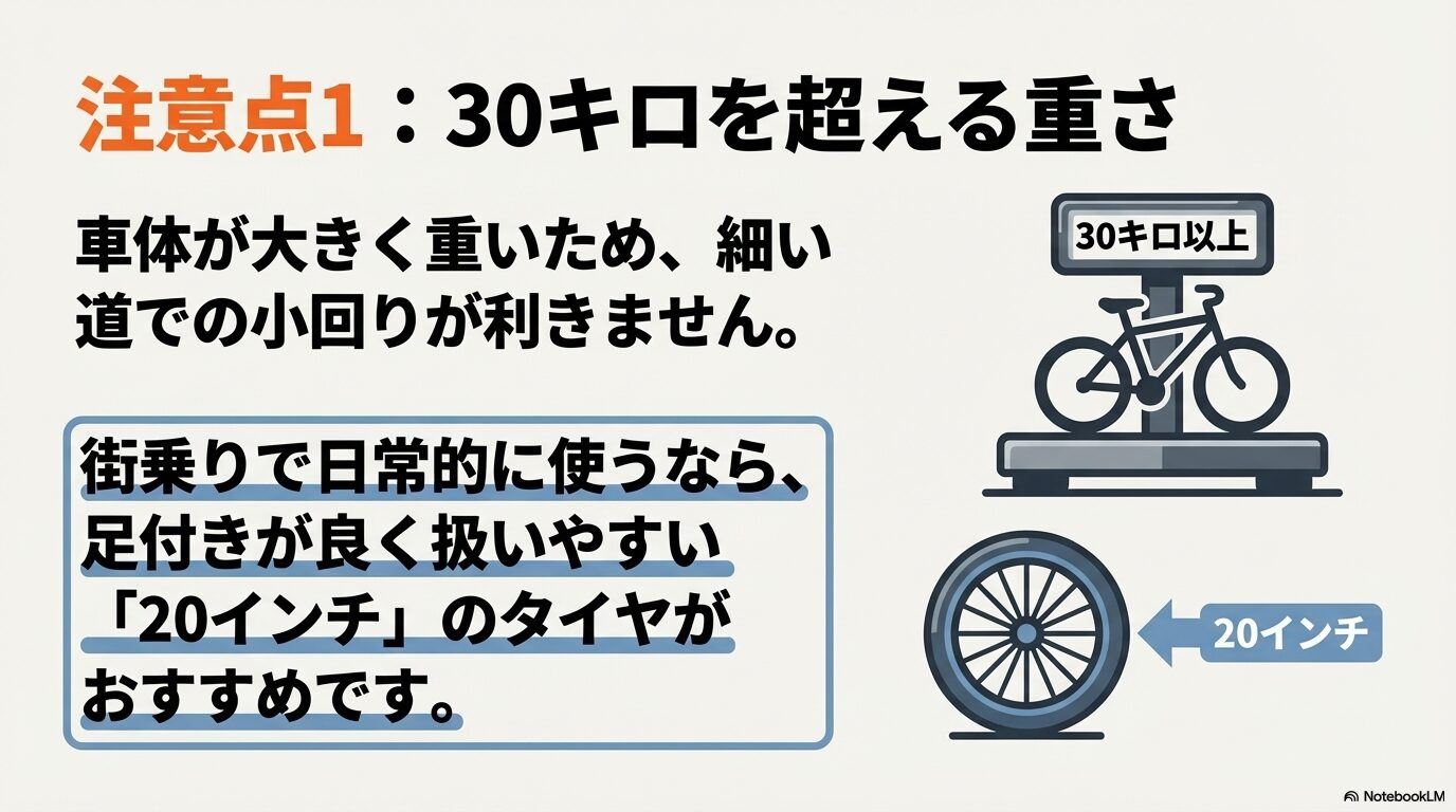 注意点1: 30キロを超える重さ。車体が大きく重いため小回りが利きません。街乗りで日常的に使うなら扱いやすい20インチがおすすめです。