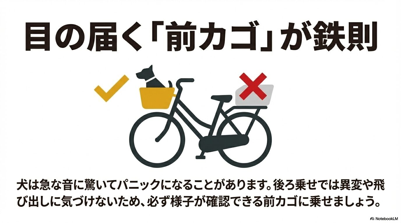 犬の様子が常に確認できる「前カゴ」に乗せる重要性と、異変に気づけない「後ろ乗せ」の危険性を比較解説するスライド。