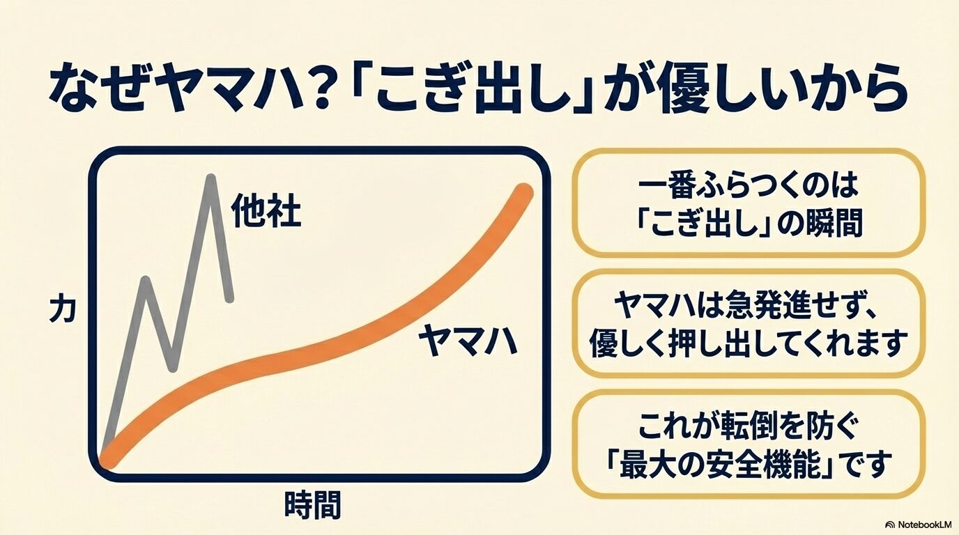 ヤマハ電動アシスト自転車の優しいこぎ出しアシストと他社比較グラフ