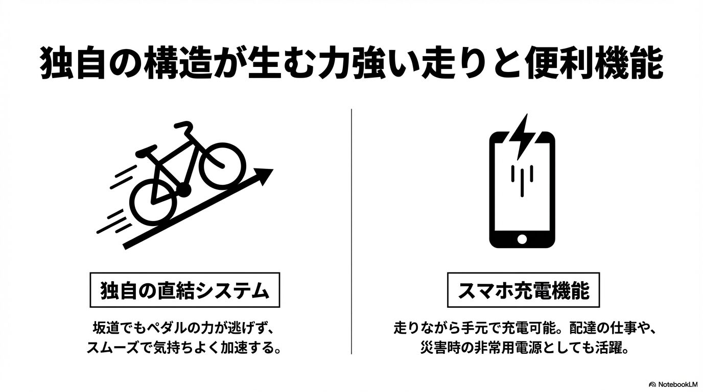 坂道でスムーズに加速する独自の直結システムと、走りながらスマホ充電が可能な便利機能の解説