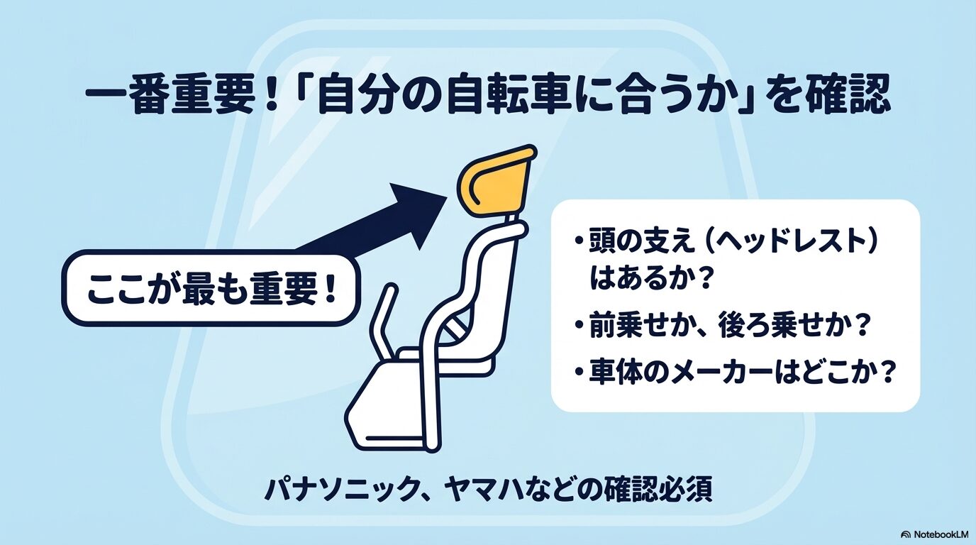 ヘッドレストの有無や前後乗せ、メーカーなど自分の自転車に合うか確認する重要ポイント