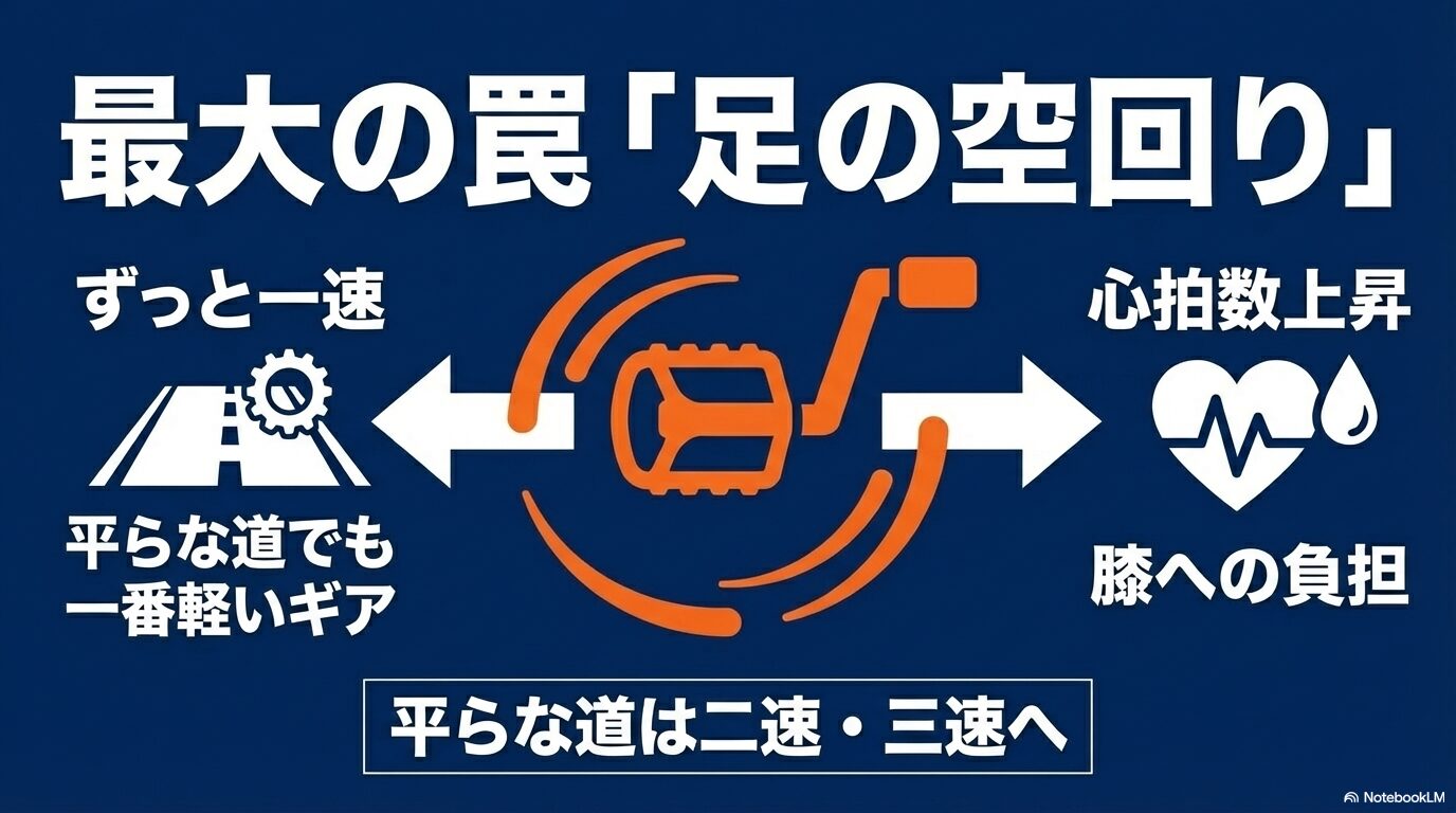 ずっと1速で走ることで足が空回りし、心拍数上昇や膝への負担に繋がることを警告するスライド
