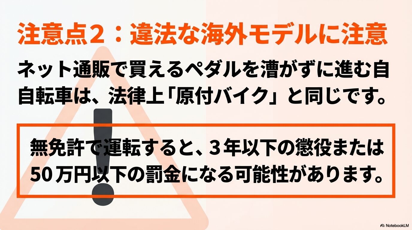 違法な海外モデルに注意。ペダルを漕がずに進む自転車は法律上「原付バイク」と同じです。無免許運転の罰則の可能性があります。