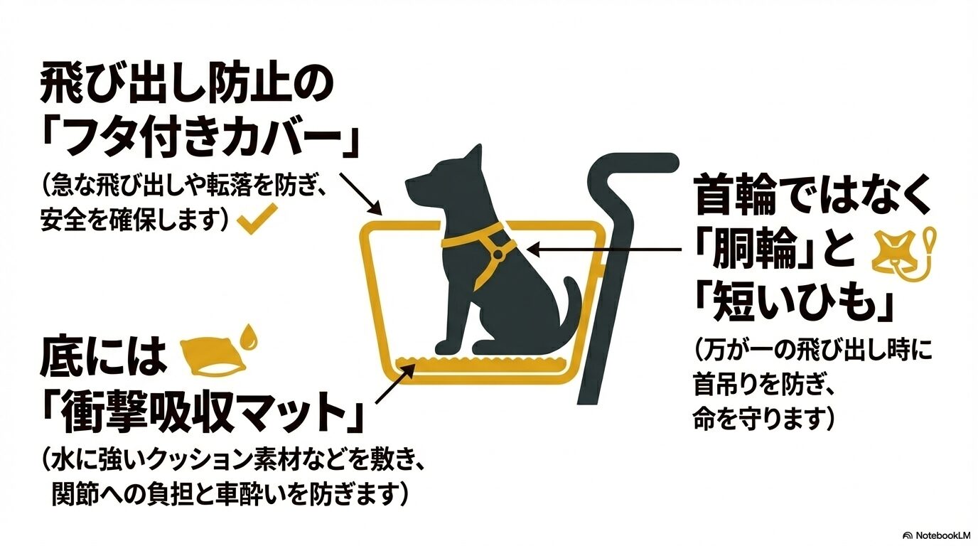 飛び出し防止のフタ付きカバー、衝撃吸収マット、首吊りを防ぐためのハーネスと短いリードの3大安全装備を図解したスライド。