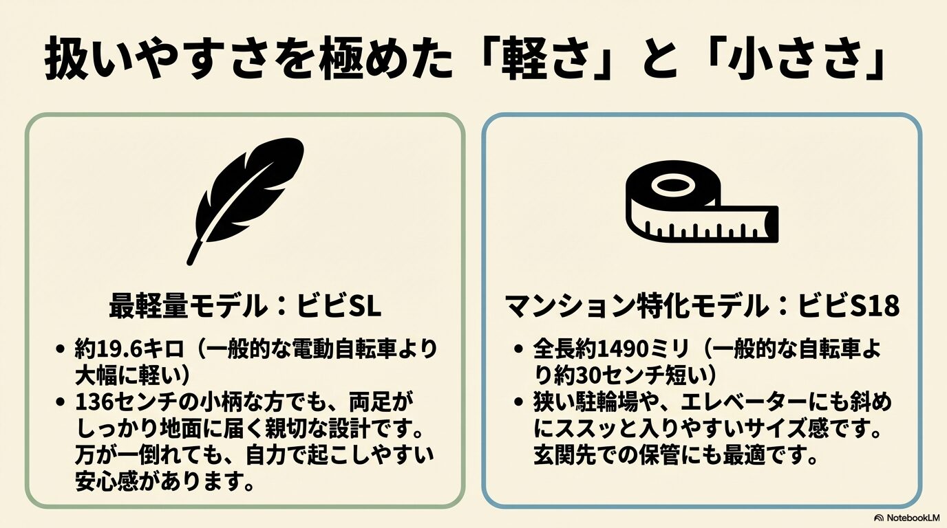 約19.6キロの最軽量モデルビビSLと、全長1490ミリでマンション保管に適したビビS18の特徴を解説したスライド