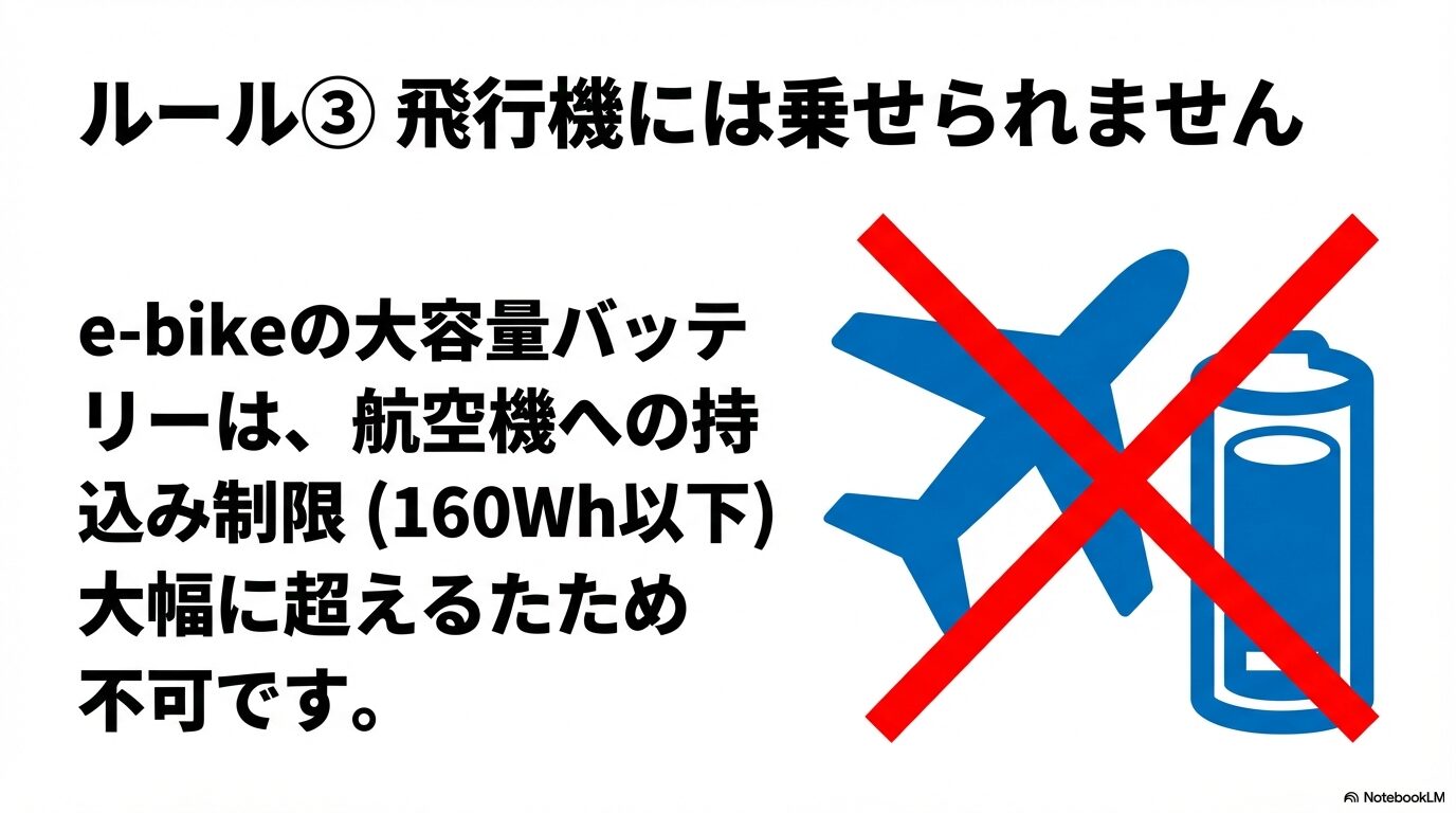e-bikeのバッテリー容量が航空機の持ち込み制限160Whを大幅に超えるため、飛行機輪行が不可であることを示すスライド