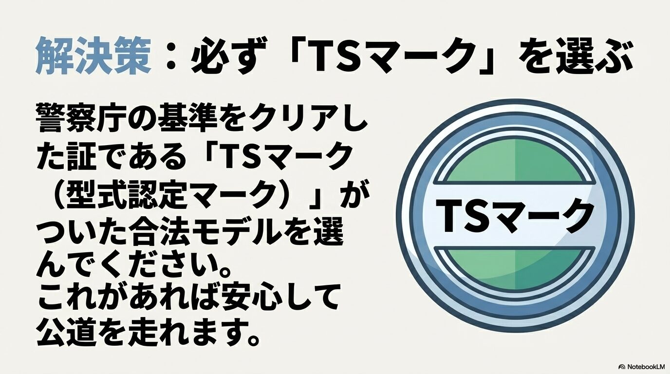 解決策: 必ず「TSマーク」を選ぶ。警察庁の基準をクリアした証である型式認定マークがついた合法モデルを選べば、安心して公道を走れます。