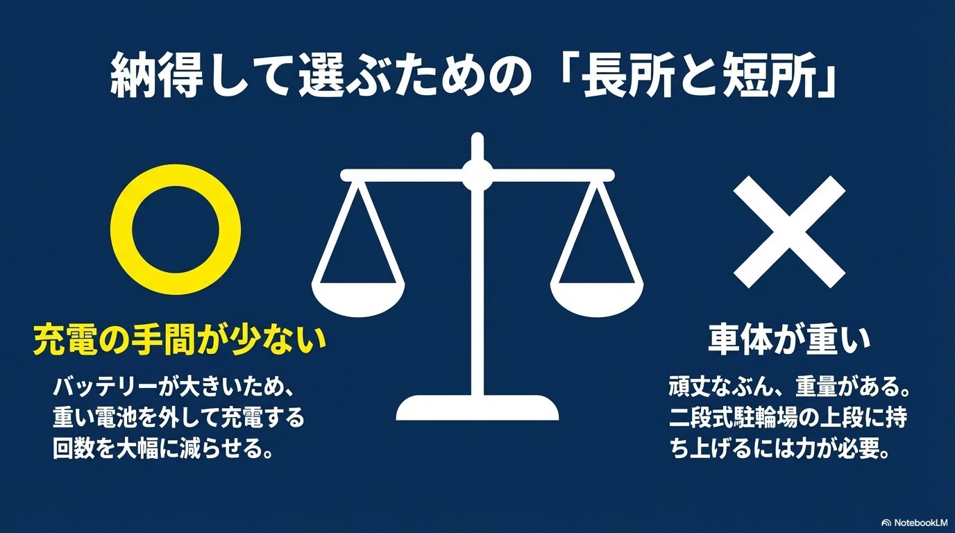 充電の手間が少ない長所と、車体が重いという短所を比較したスライド資料。