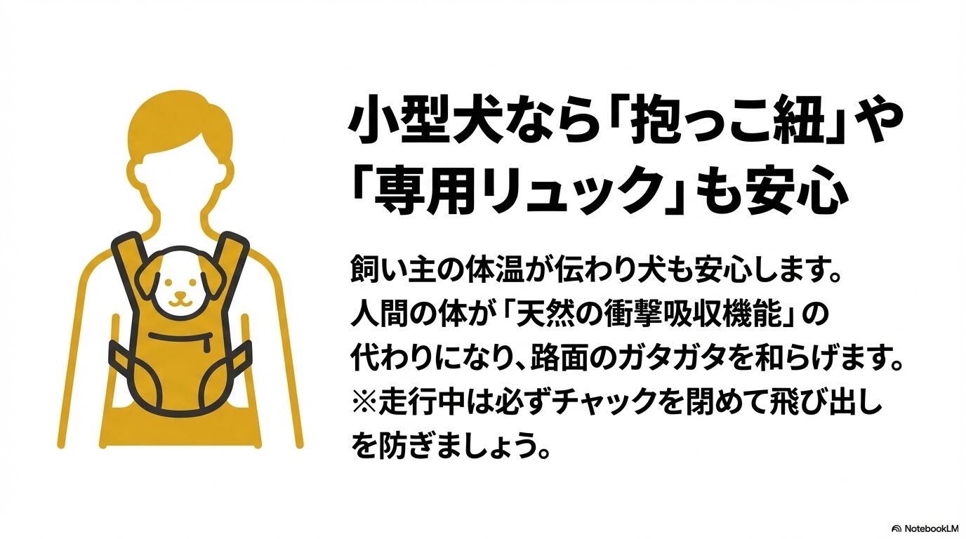 小型犬向けの抱っこ紐や専用リュックを使用するメリット（安心感・振動軽減）と注意点を解説するスライド。