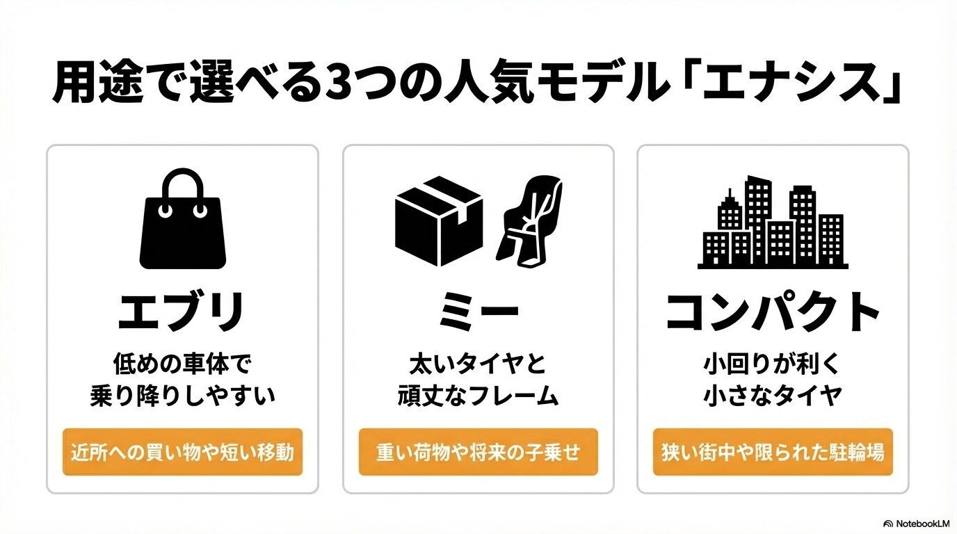 用途で選べるエナシスシリーズの人気モデル（エブリ、ミー、コンパクト）の特徴