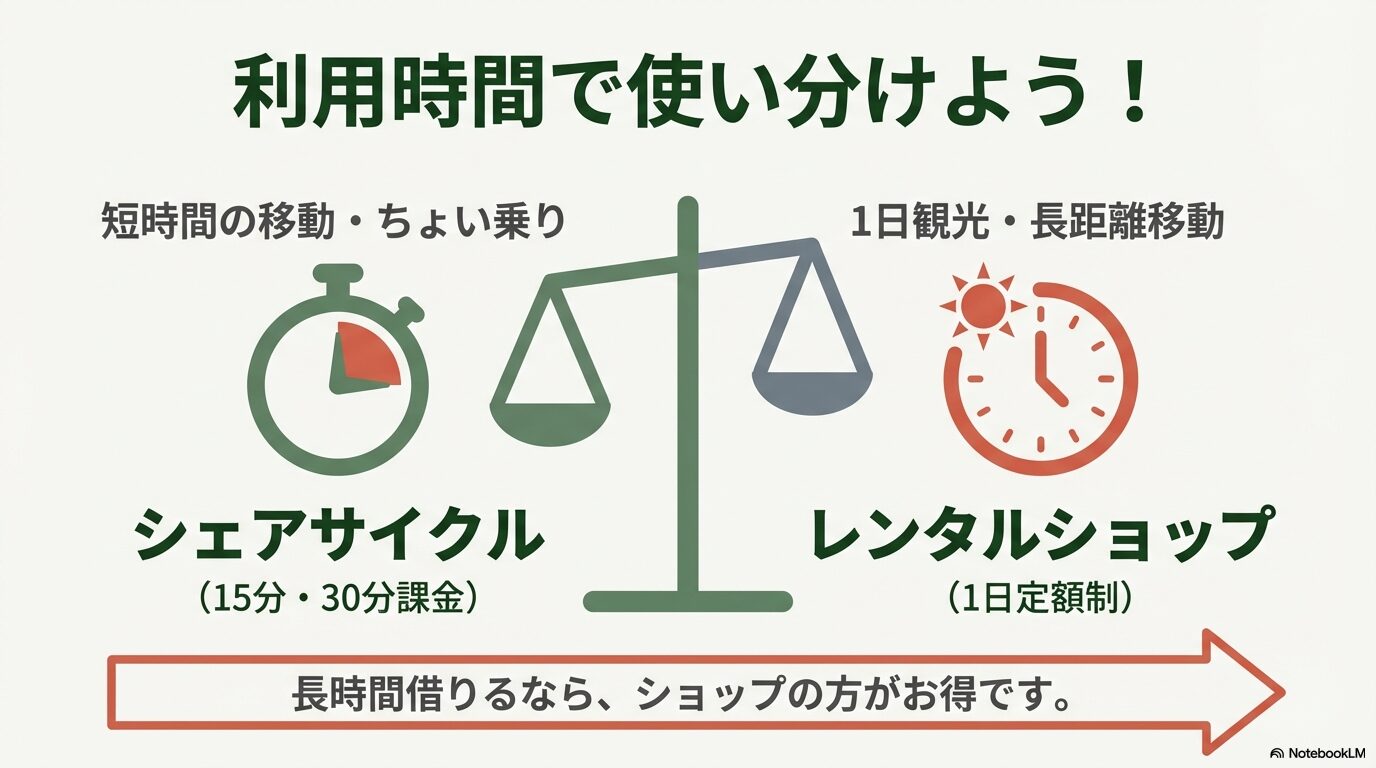 短時間の「ちょい乗り」に適したシェアサイクルと、1日観光に適した定額制レンタルショップの使い分けガイド