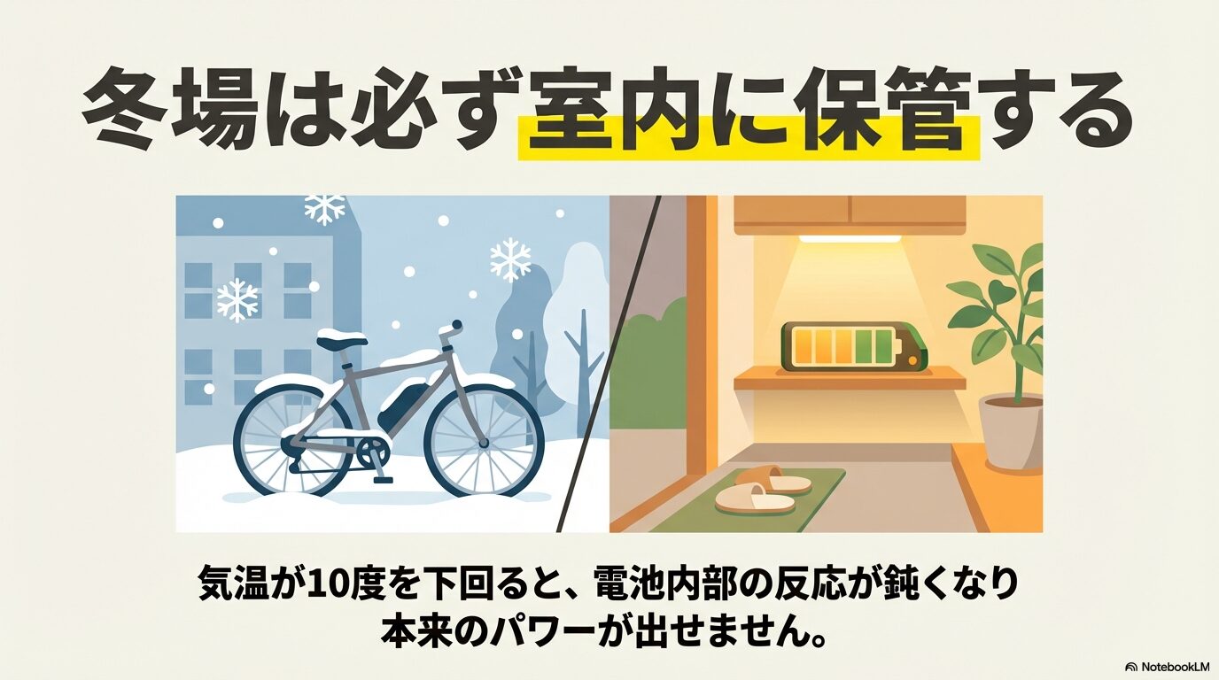 気温10度以下でバッテリー性能が落ちるため、冬場は必ず室内に保管することを推奨するイラスト付きスライド