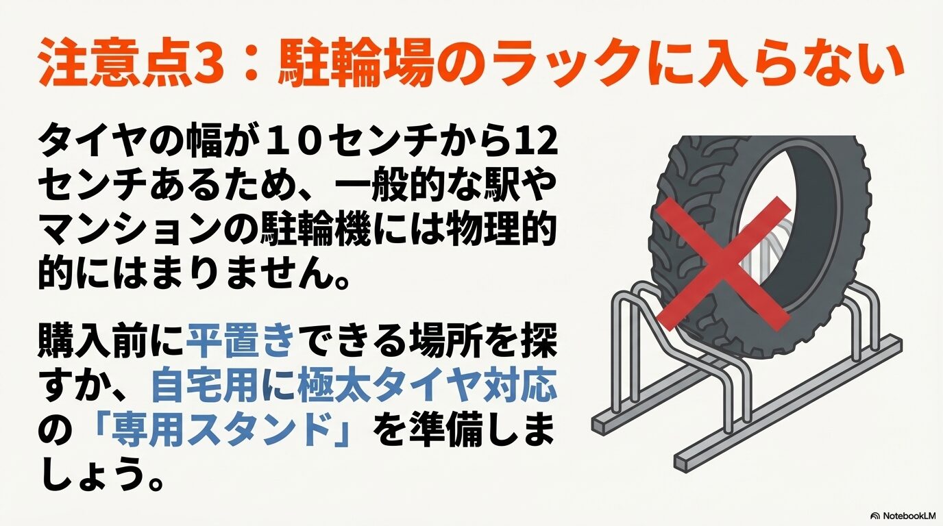 注意点3: 駐輪場のラックに入らない。タイヤ幅が10センチから12センチあるため駐輪機にはまりません。極太タイヤ対応の専用スタンドを準備しましょう。