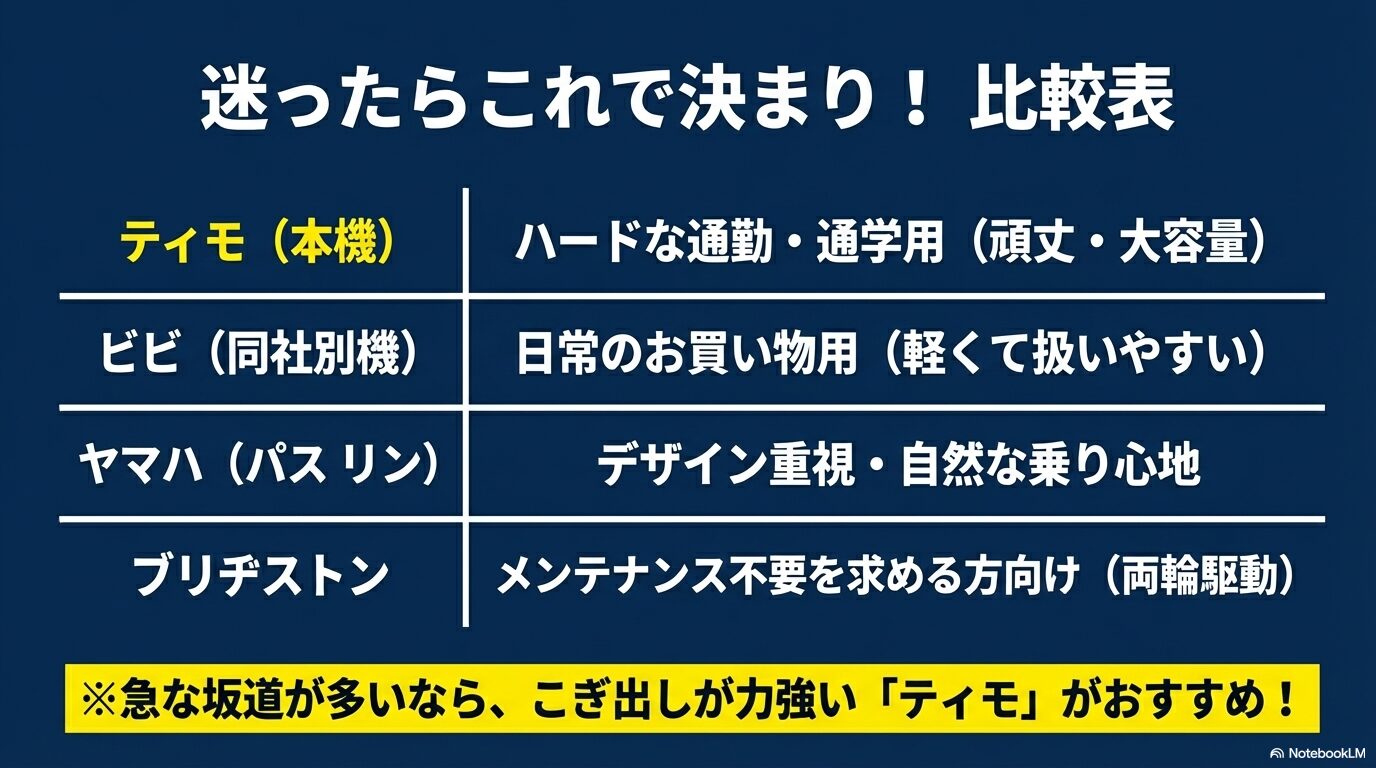 パナソニック・ティモの各モデル（S、A、L、DX、MX）の特徴をまとめた比較一覧表。