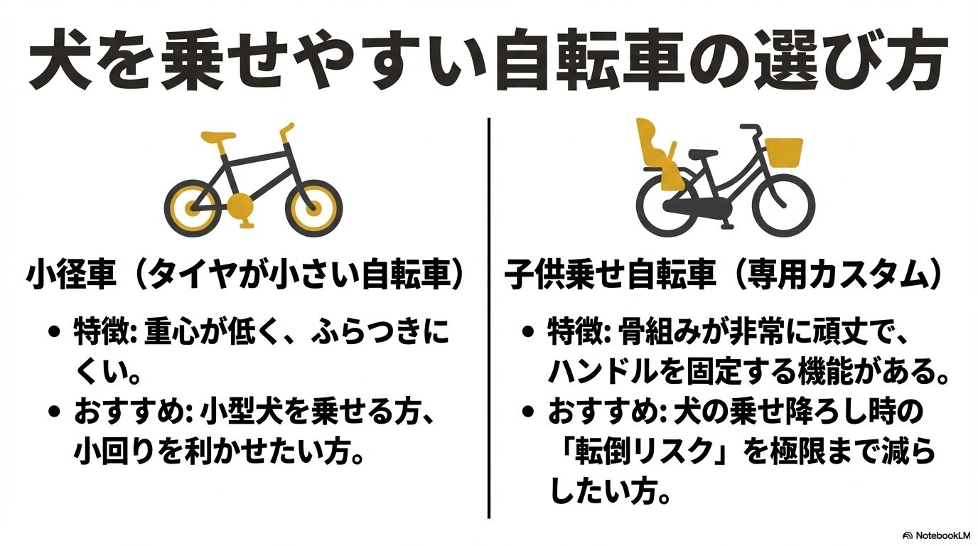 小径車（ミニベロ）と、頑丈な子供乗せ自転車カスタムそれぞれの特徴と、どんな人におすすめかを比較したスライド。
