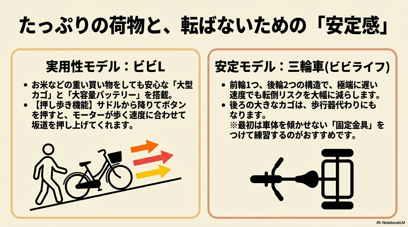 大型カゴと押し歩き機能を搭載したビビLと、転倒リスクを減らす前輪1つ後輪2つの三輪車ビビライフの特徴を解説したスライド