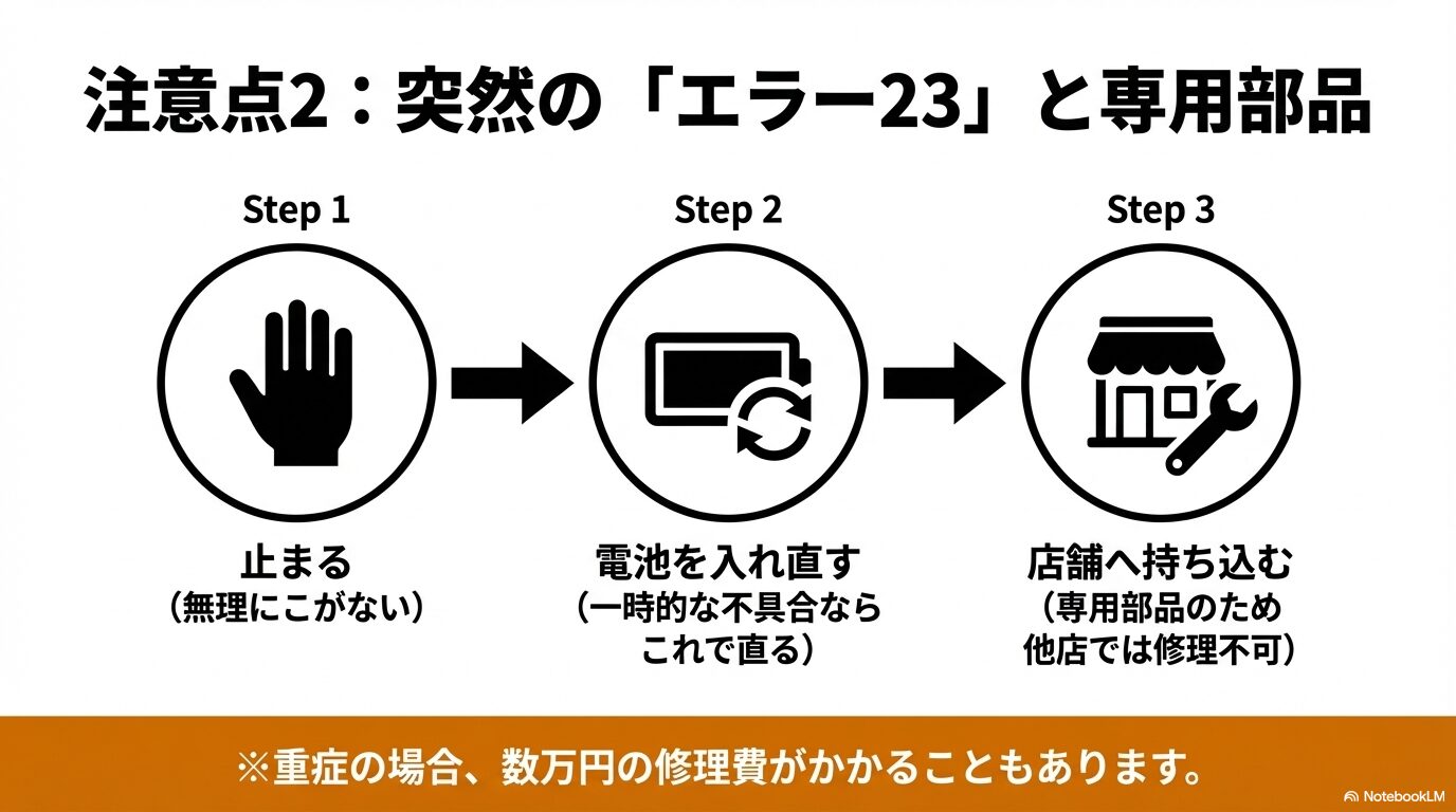 エラー23が出た際の応急処置（止まる、電池を入れ直す、店舗へ持ち込む）と専用部品の注意点