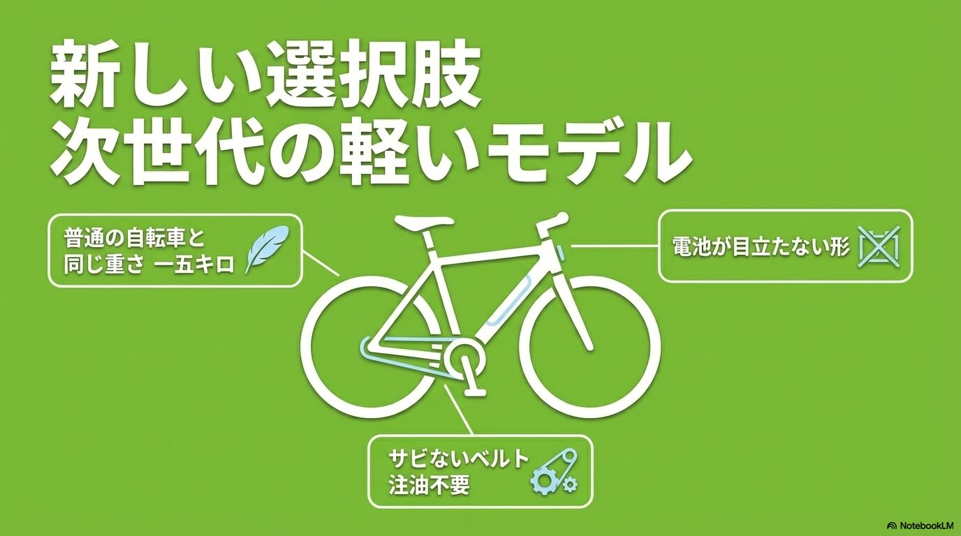 普通の自転車と同じ15キロの重さで、サビないベルトドライブや目立たない電池を採用した次世代の軽い電動自転車モデルの紹介