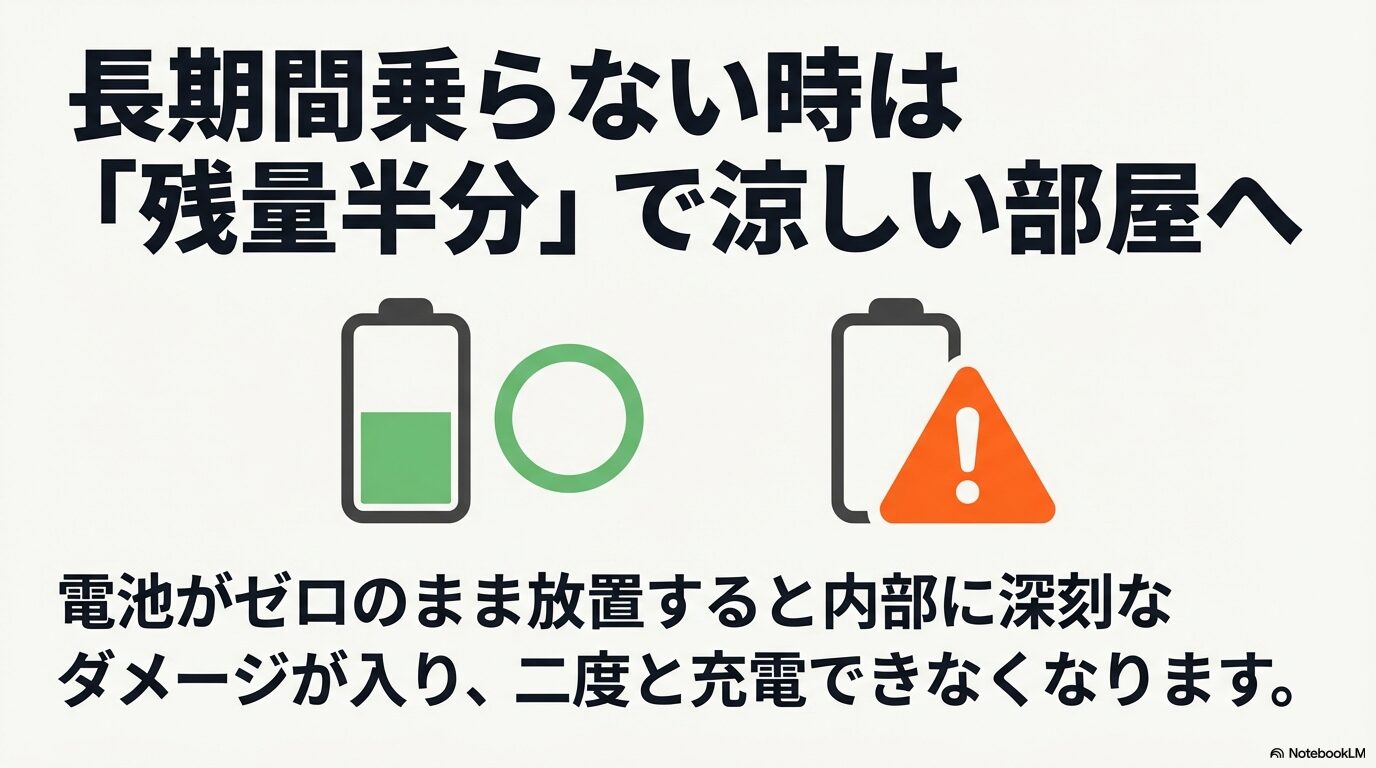 長期間乗らない時は残量を半分にして涼しい部屋で保管し、過放電による故障を防ぐ方法を解説するスライド