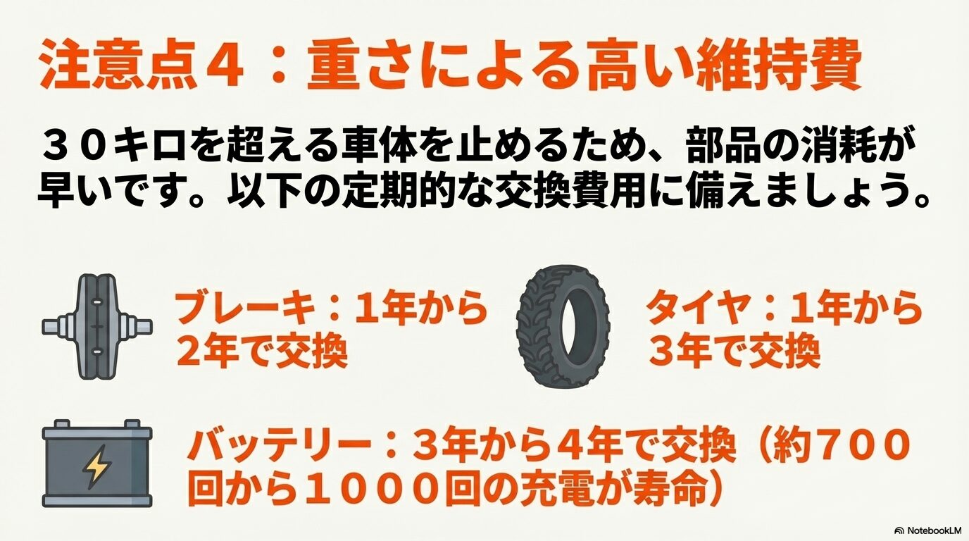 注意点4: 重さによる高い維持費。30キロを超える車体を止めるため部品消耗が早く、ブレーキ、タイヤ、バッテリーの定期的な交換費用に備えましょう。