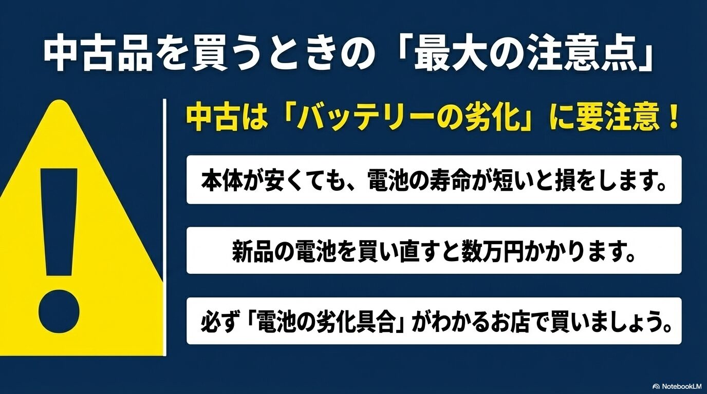 中古の電動自転車を購入する際、最も注意すべきバッテリーの寿命と交換費用について解説。