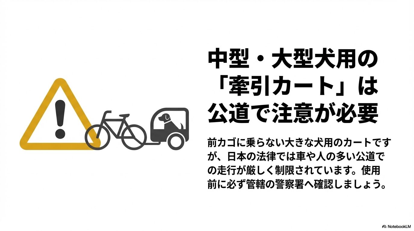 中型・大型犬用の牽引カートを使用する際、日本の法律では公道走行が厳しく制限されていることを説明する注意喚起スライド。