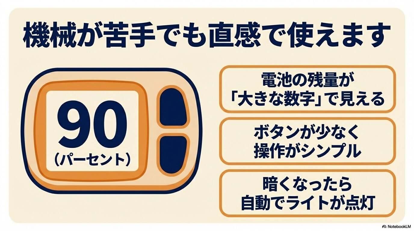 大きな数字の液晶スイッチと直感で使えるシンプルな操作機能