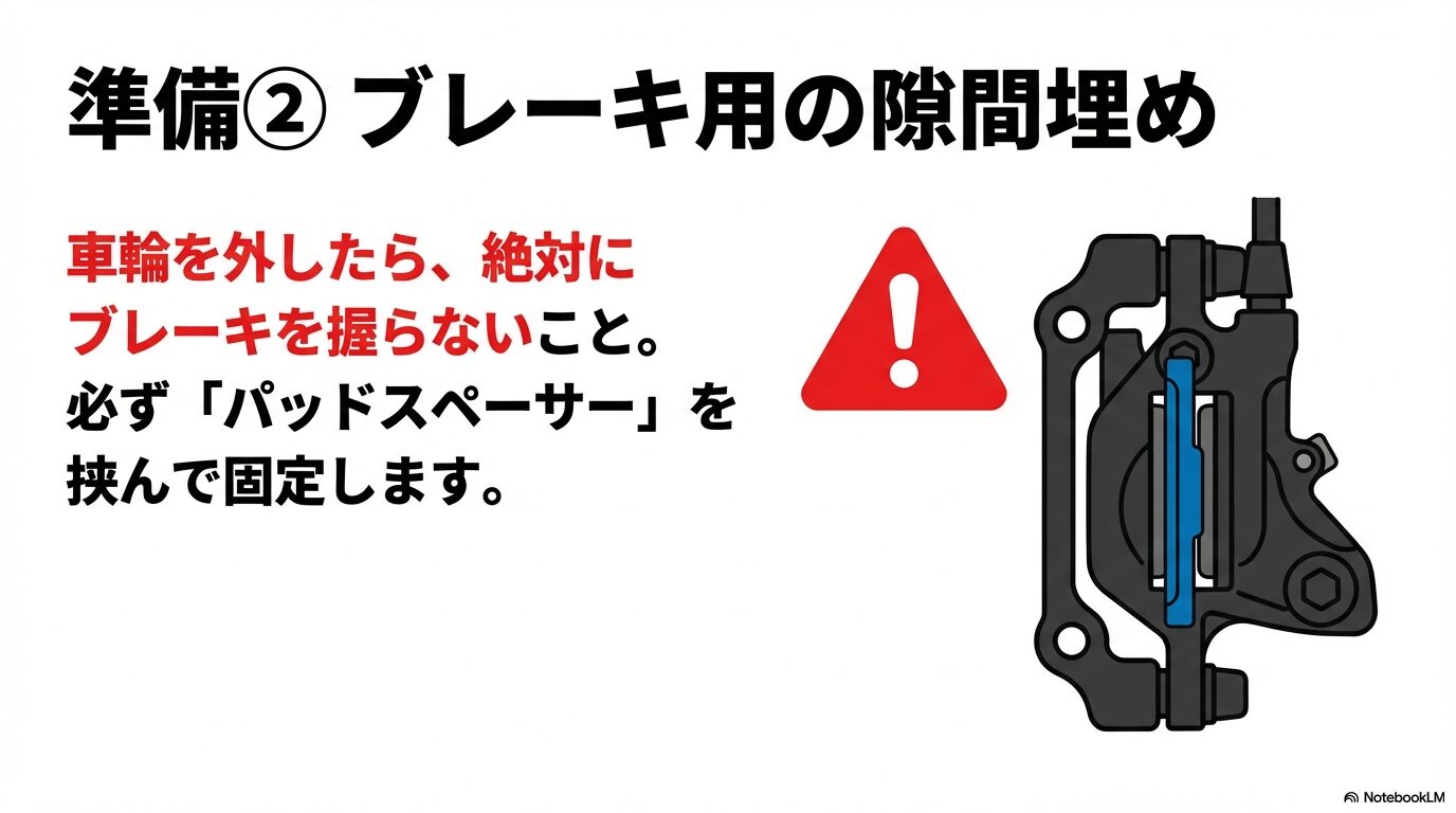 車輪を外した後のブレーキレバー誤操作を防ぐため、パッドスペーサーを挟んで固定する手順を説明するスライド