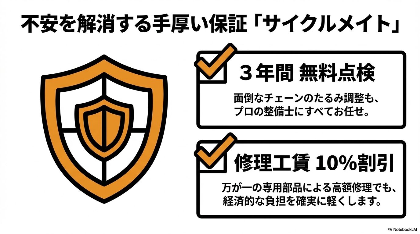3年間無料点検と修理工賃10%割引が受けられるサイクルメイトの保証内容